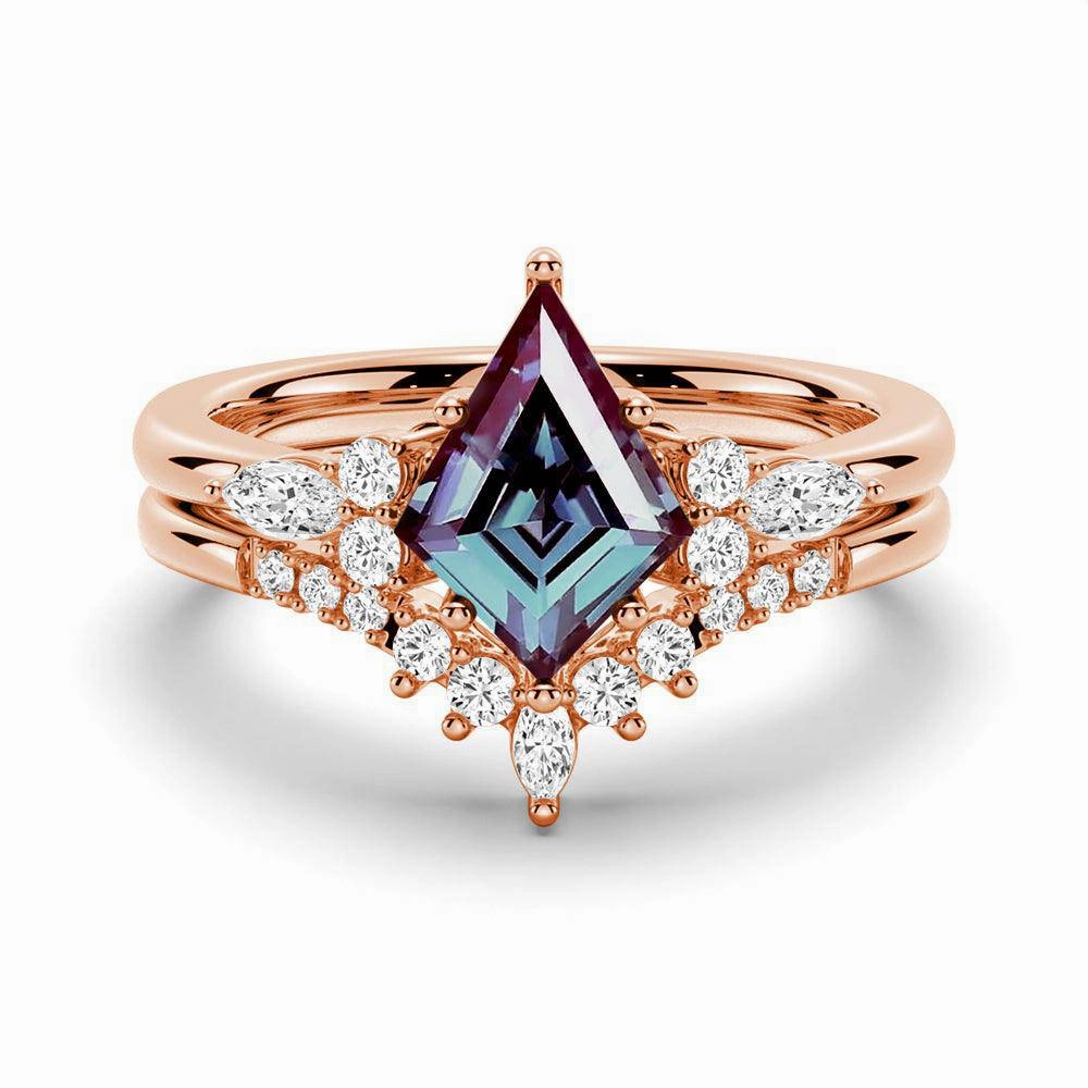 Radiant Gem 2 CT. Art Deco Kite Cut Alexandrite Engagement Ring Set With Moissanite Accents