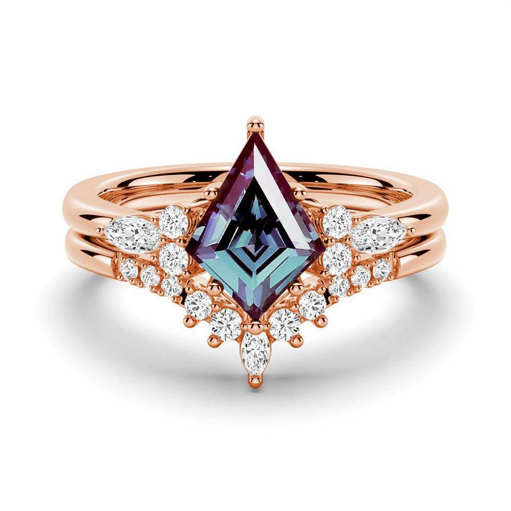 2 CT. Art Deco Kite Cut Alexandrite Engagement Ring Set With Moissanite Accents Lifestyle Match Sleek Texture