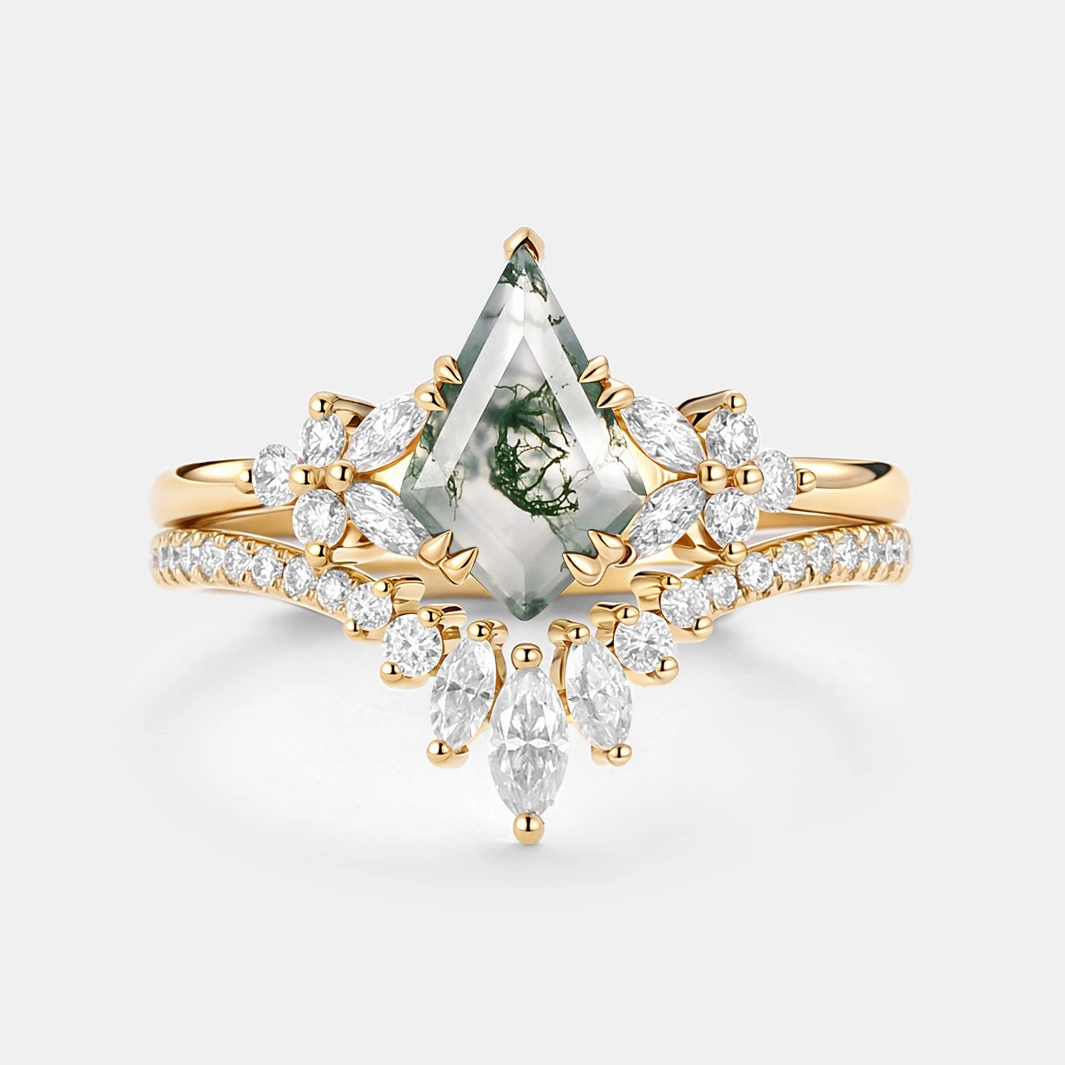 Romantic Event Power Look Kite Cut Moss Agate Cluster Engagement Ring Set 2pcs - Sora
