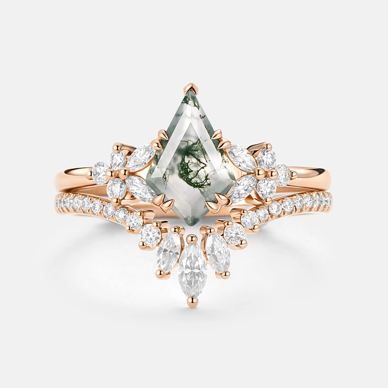 Gift Fit Kite Cut Moss Agate Cluster Engagement Ring Set 2pcs - Sora