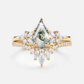 Romantic Event Power Look Kite Cut Moss Agate Cluster Engagement Ring Set 2pcs - Sora