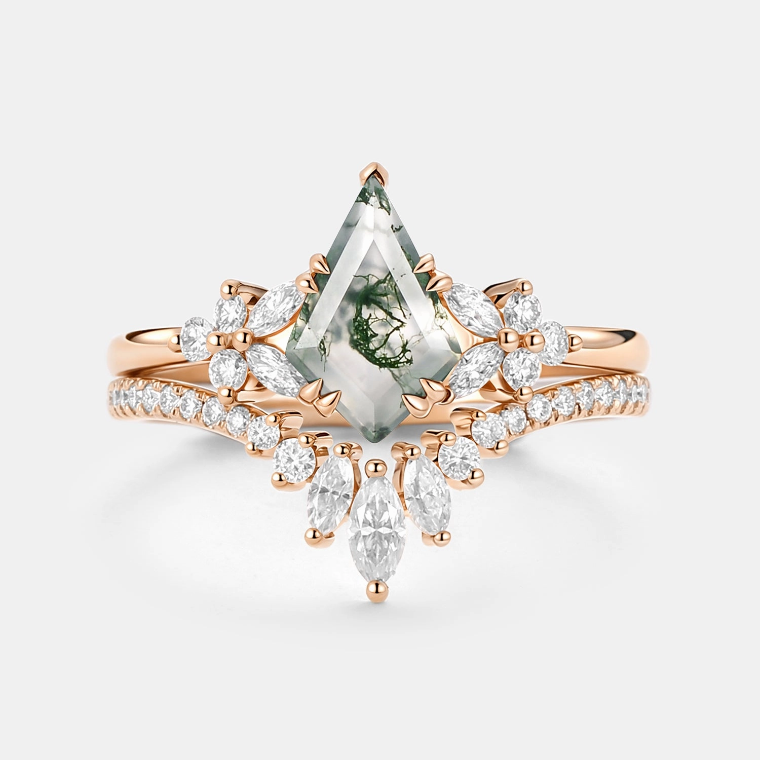 Kite Cut Moss Agate Cluster Engagement Ring Set 2pcs - Sora Artful Sparkle