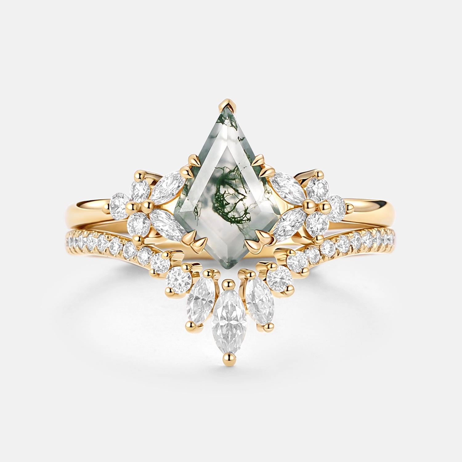 Silky feel Kite Cut Moss Agate Cluster Engagement Ring Set 2pcs - Sora