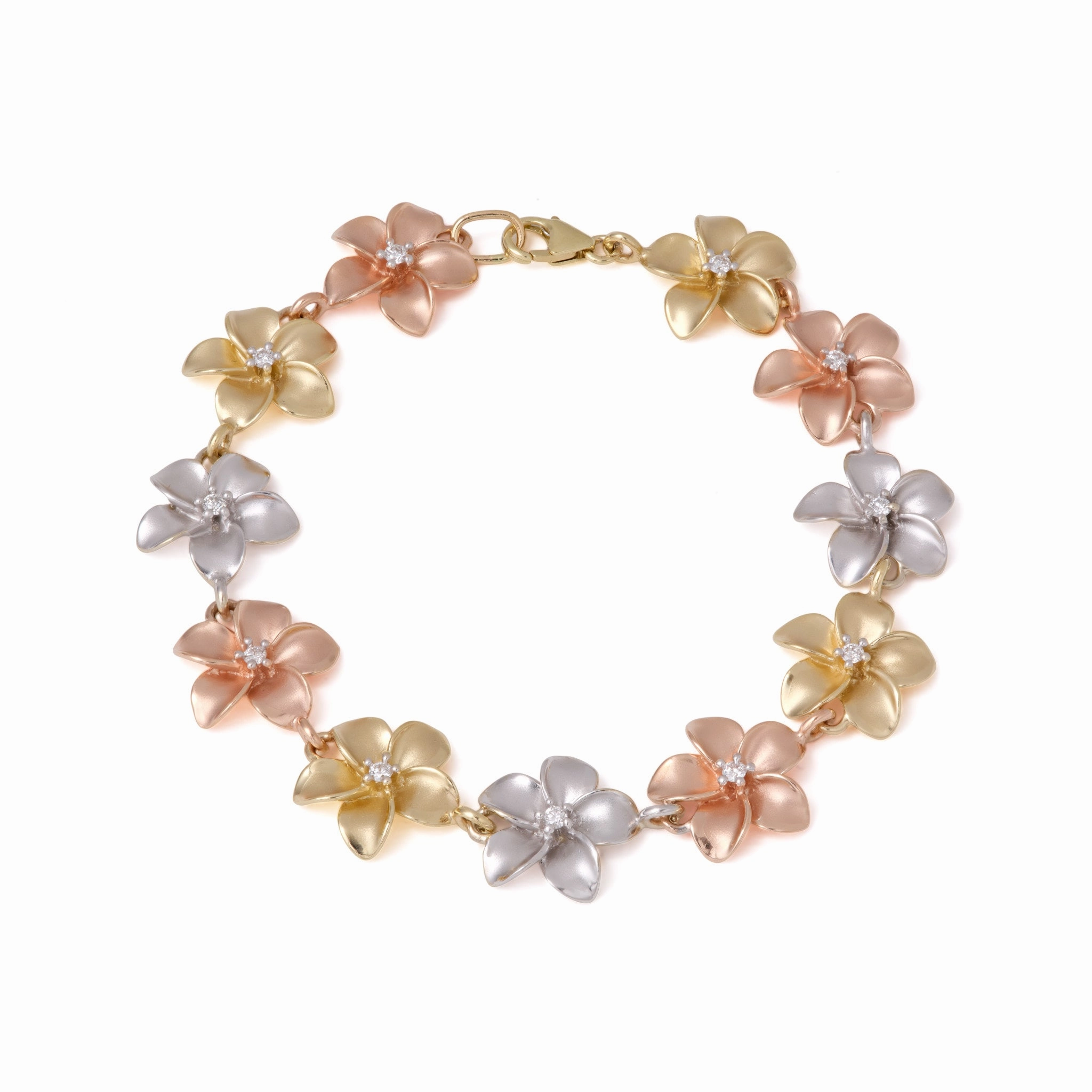 Modern Snap Plumeria Bracelet in Tri Color Gold with Diamonds - 13mm
