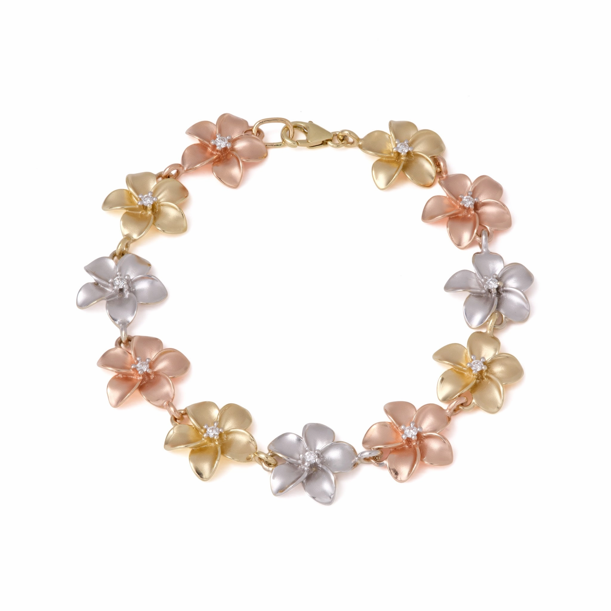 Plumeria Bracelet in Tri Color Gold with Diamonds - 13mm Youth Set Close Focus