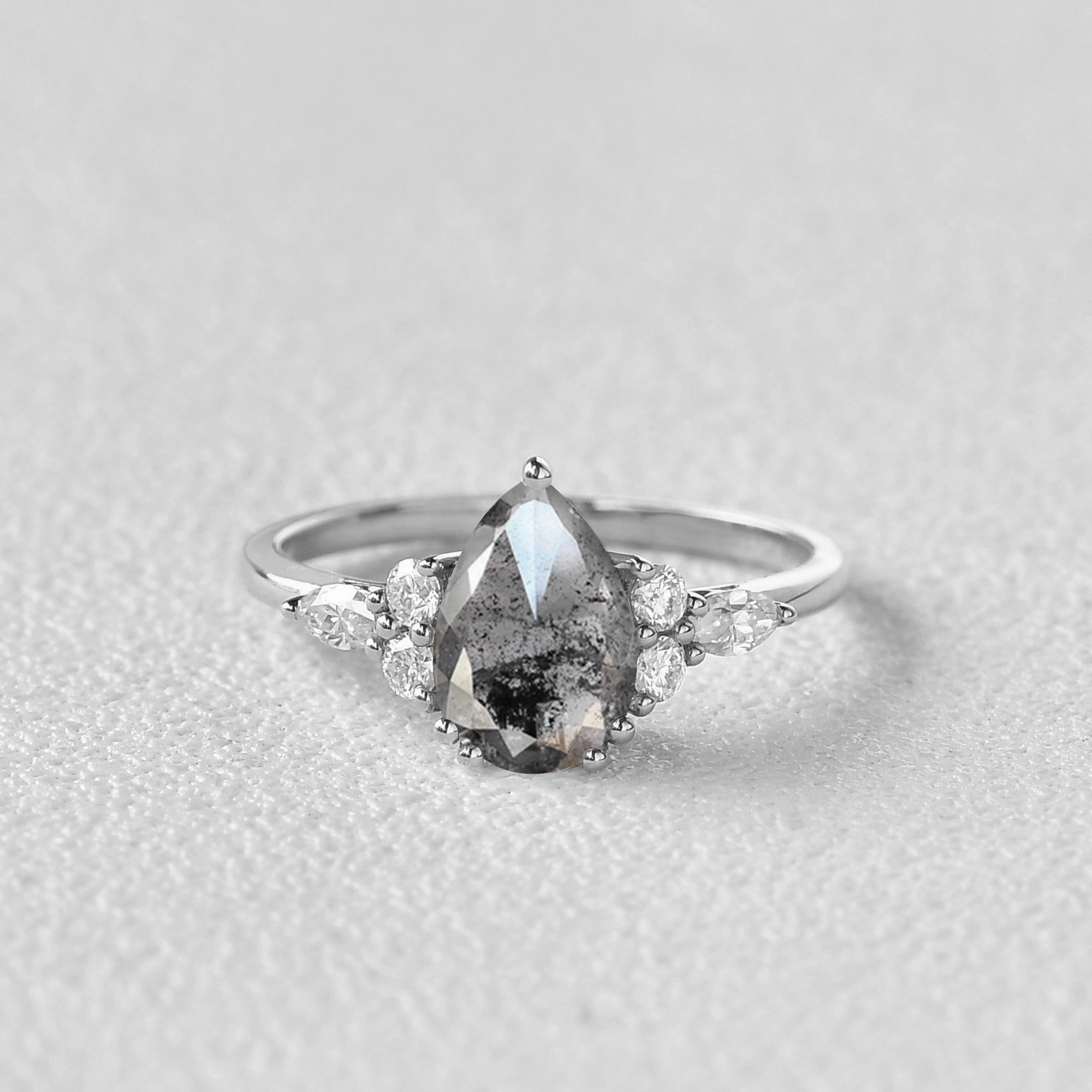 Salt and Pepper Diamonds Pear Cut Engagement Ring Natural Detail Natural Look