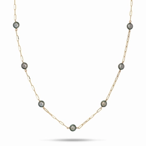Distinctive Detailing Adjustable 24" Tahitian Black Pearl Paperclip Chain Necklace in Gold - 9-10mm