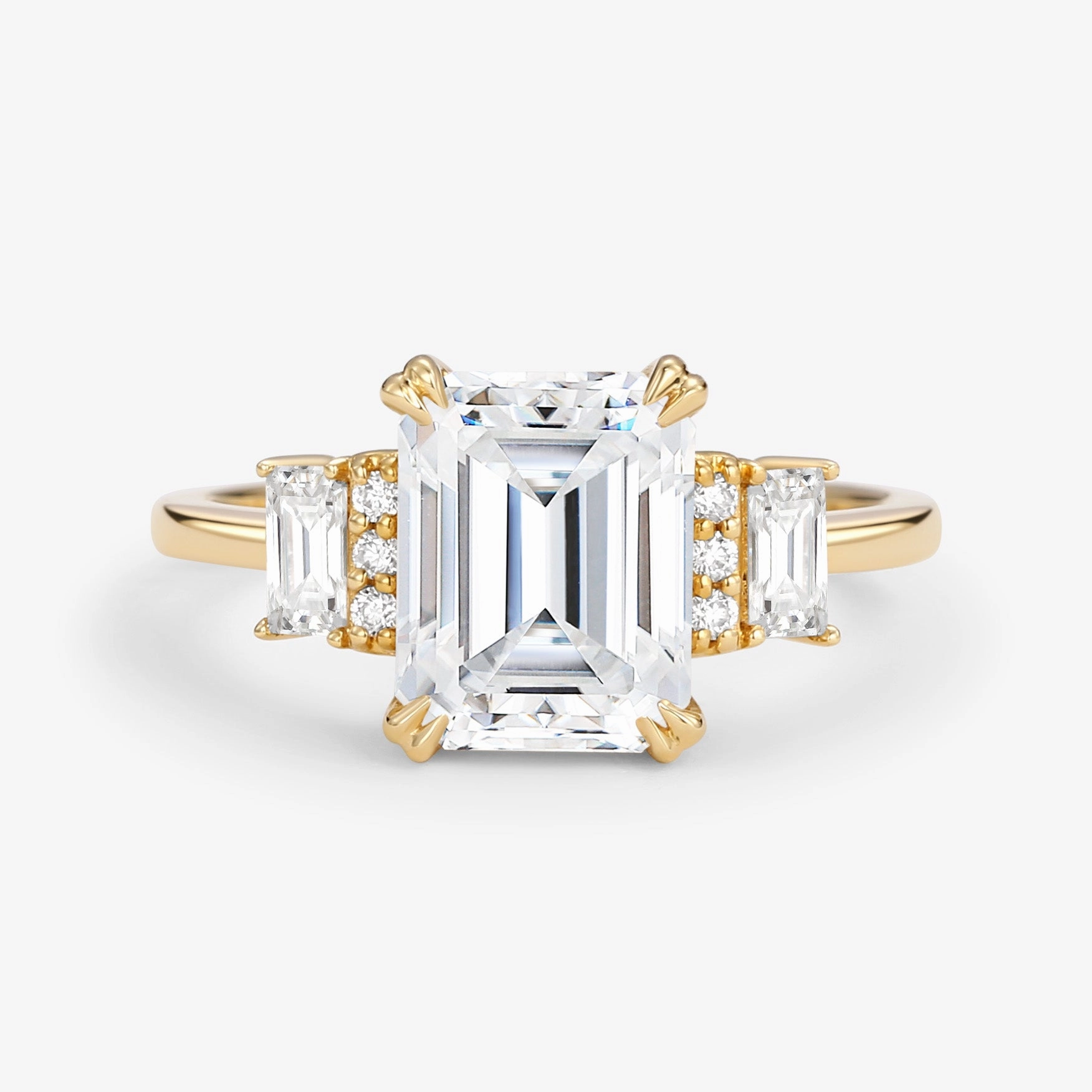 Lush Accent Light Radiance Emerald Cut Moissanite Classic Yellow Gold Engagement Ring