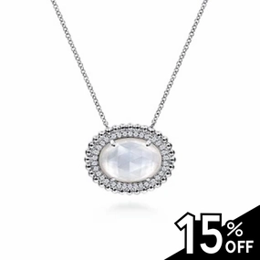 Bold Shine Formal Design 925 Sterling Silver White Sapphire and Rock Crystal and MOP Pendant Necklace