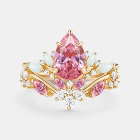 Pear Cut Lab Pink Sapphire & Lab Opal Leafy Ring Sets 2pcs - Nectar Romantic Event