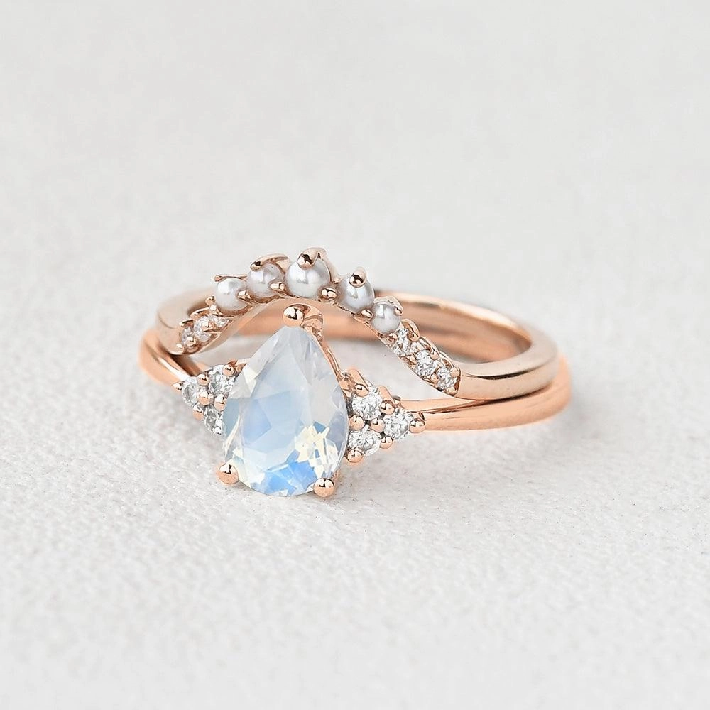 Pear Shaped Moonstone & Pearl Vintage Inspired Ring Set 2pcs Delicate Piece