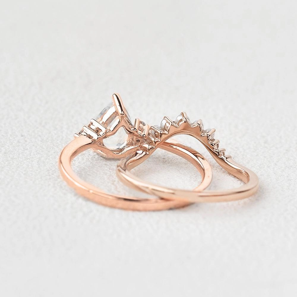 Luminous Shine Pear Shaped Moonstone & Pearl Vintage Inspired Ring Set 2pcs