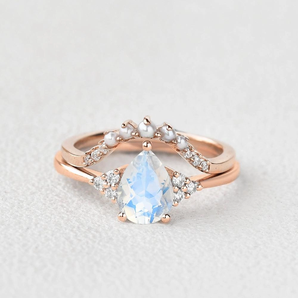 Pear Shaped Moonstone & Pearl Vintage Inspired Ring Set 2pcs Grace Note Elegant Fashion