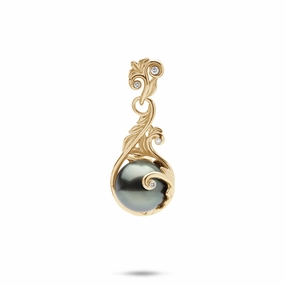 Timeless Form High Shine Living Heirloom Tahitian Black Pearl Pendant in Gold with Diamonds -9-10mm
