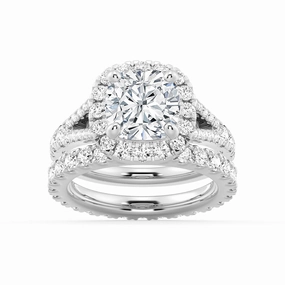 Polished Highlights Simple Accent Halo Cushion Cut Split Shank Moissanite Ring Set with Matching Wedding Band
