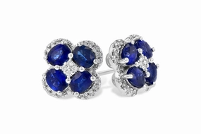 High-Quality Embellishment Premium Vibe Floral Cluster Oval Sapphire Diamond Earrings 14K White Gold