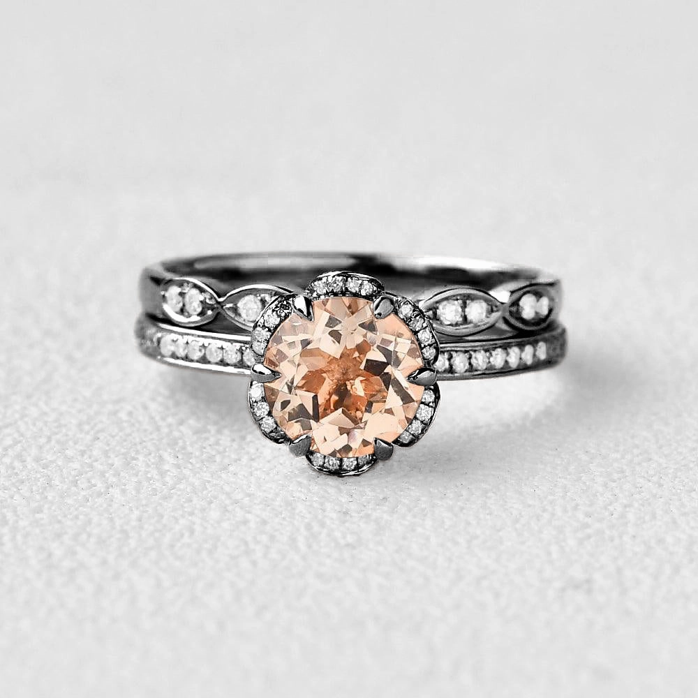 Floral Inspired - Black Gold Round Cut Morganite Ring Set 2pcs Numbered Edition