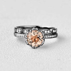 Minimal Glimmer Floral Inspired - Black Gold Round Cut Morganite Ring Set 2pcs