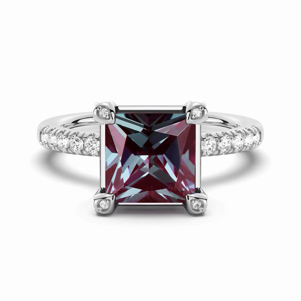 Trend Focused Soft Finish 3 CT. Princess Cut Alexandrite Engagement Ring With Moissanite Accents