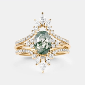Oval Cut Moss Agate Classic Cluster Gold Ring Set 3pcs - Chroma Captivating Touch