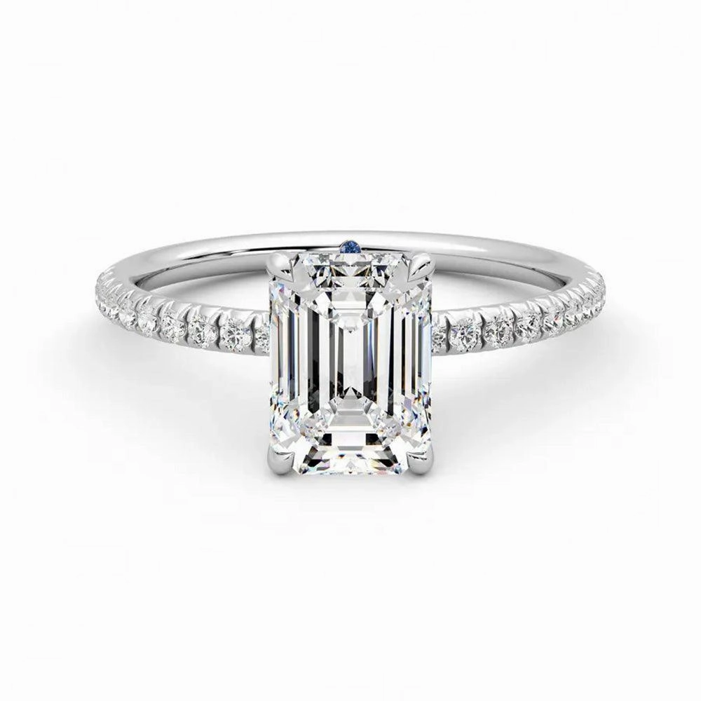 Four Prong Emerald Cut Moissanite Engagement Ring with Hidden Anniversary Stone Accent Night Spark Distinctive Highlight