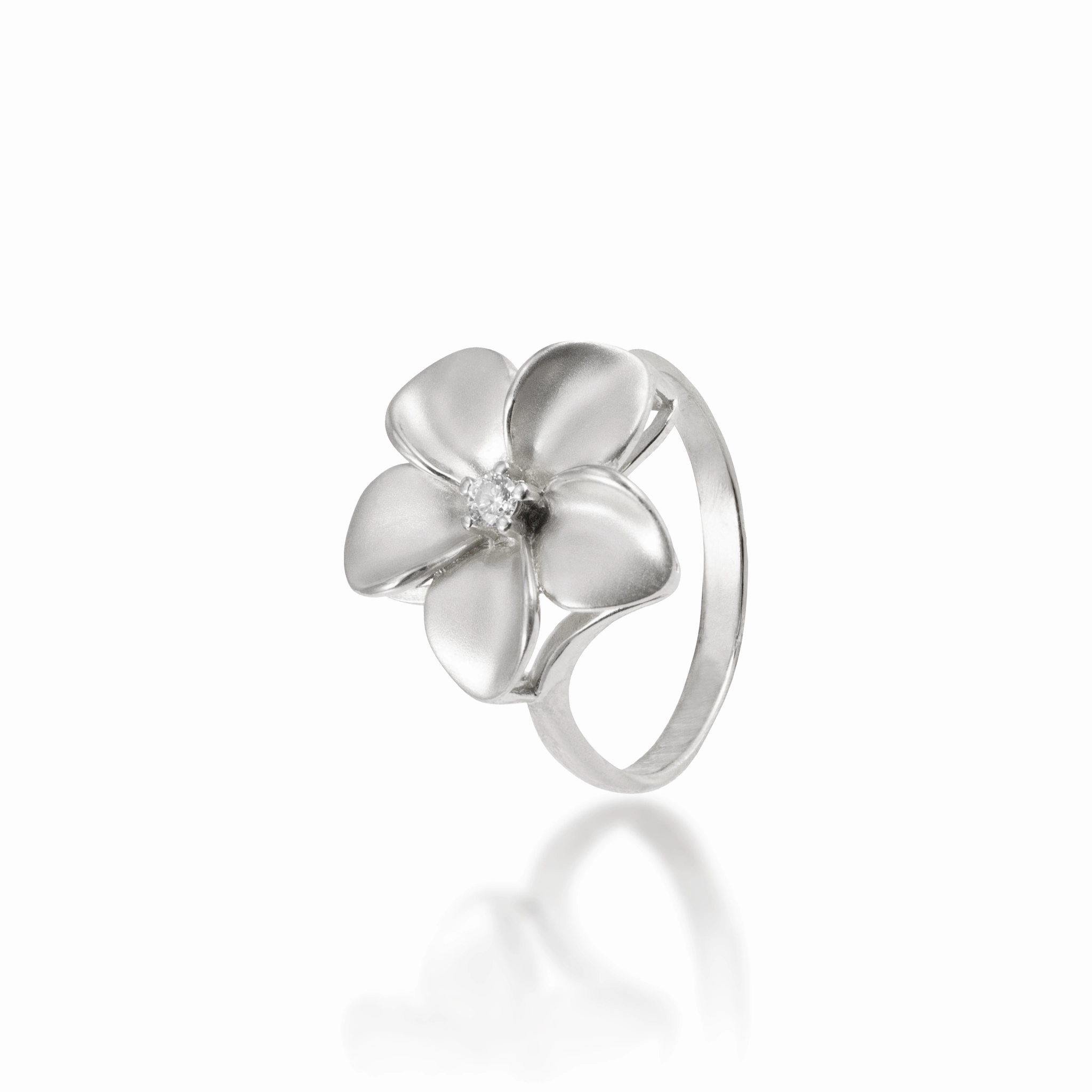 Flirty Accent Timeless Line Plumeria Ring in White Gold with Diamond - 16mm