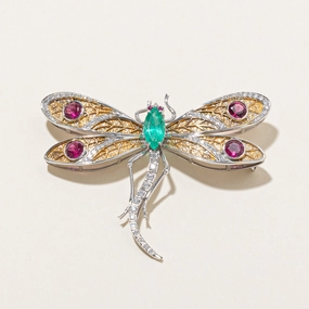 elegant design 18k Multi Gemstone Dragonfly Brooch | E 1.25ct | T 1.60ctw | R 0.04ctw | D 0.50ctw