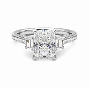 Vibrant color Three Stone Radiant Cut & Half Moon Moissanite Engagement Ring with Hidden Anniversary Stone Accent