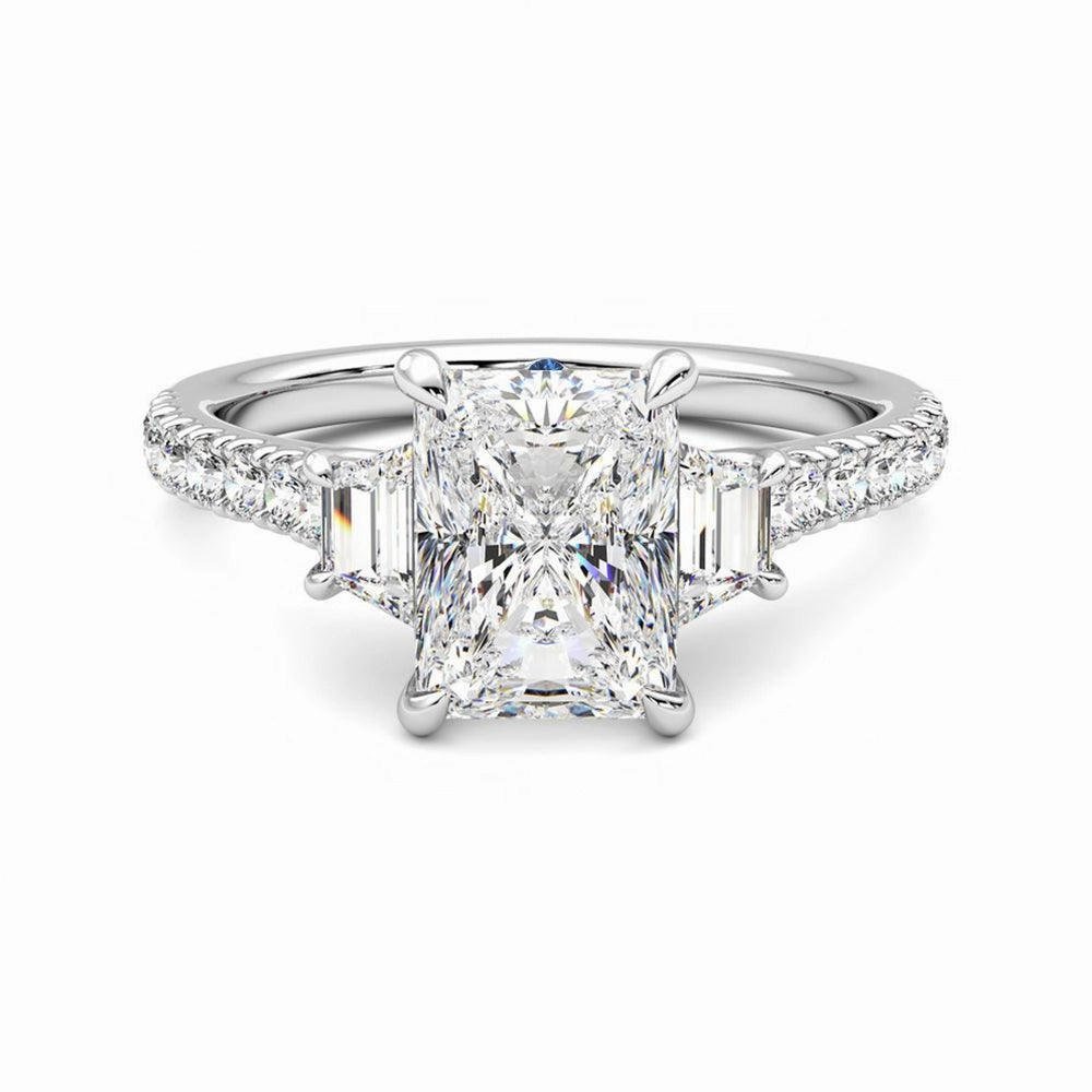 Three Stone Radiant Cut & Half Moon Moissanite Engagement Ring with Hidden Anniversary Stone Accent Creative Form