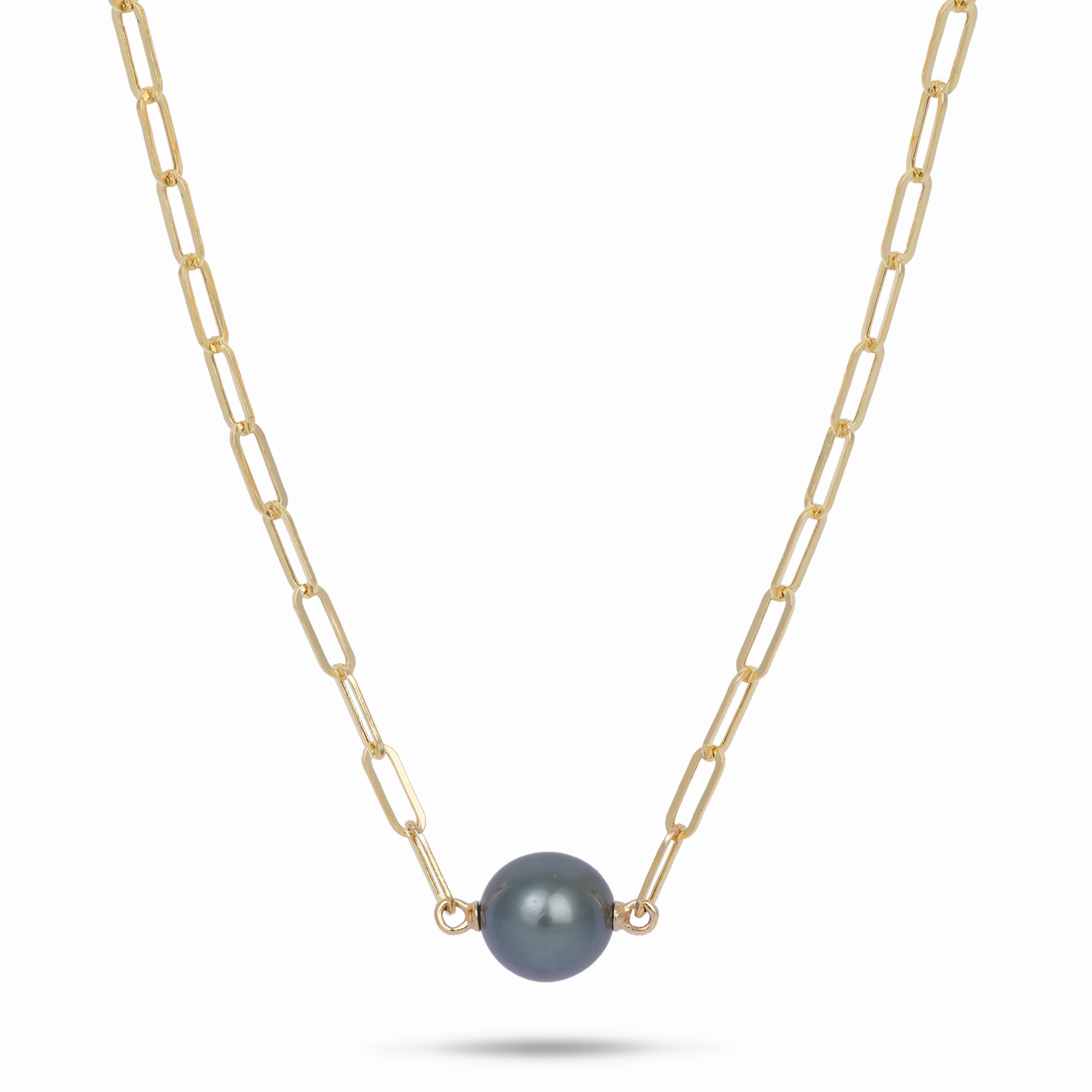 Silver Edge Airy Light 16-17" Tahitian Black Pearl Paperclip Chain Necklace in Gold - 12-13mm