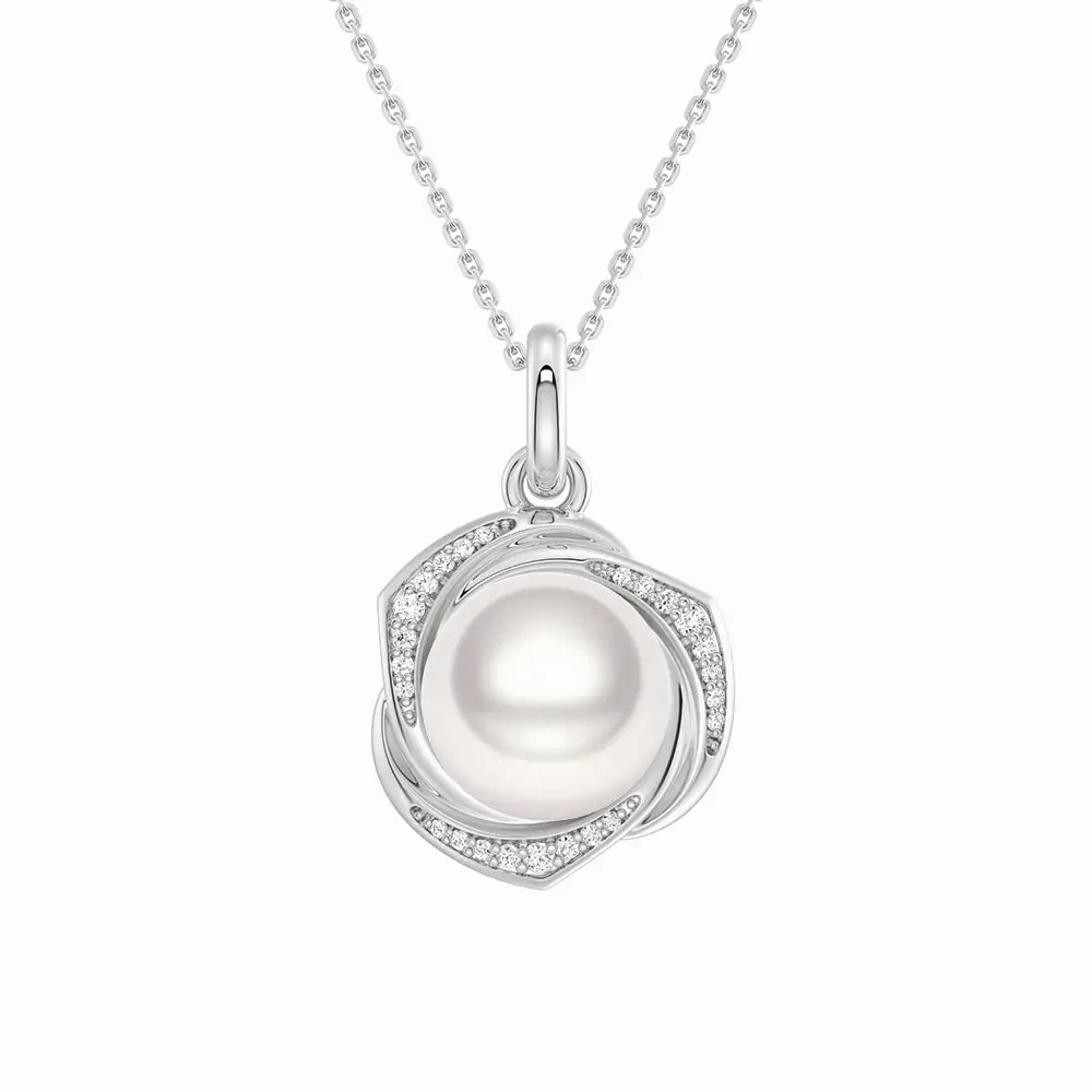 Freshwater Pearl Pendant Necklace with Diamond Floral Halo Vibrant Jewelry Shine Finish