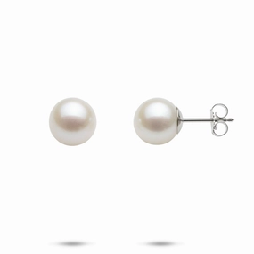 Elegant Flow Timeless Trend Freshwater White Pearl Earrings in White Gold - 9-10mm