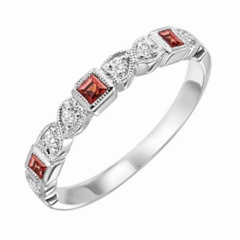 Ensemble Collection Minimal Structure Garnet Birthstone Diamond And Square Ring 10K White Gold
