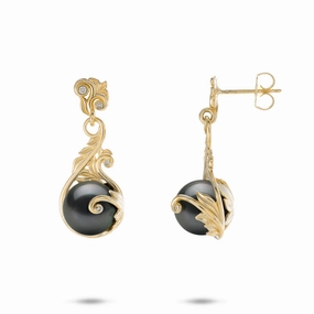 Exclusive Style Custom Touch Living Heirloom Tahitian Black Pearl Earrings in Gold with Diamonds - 9-10mm