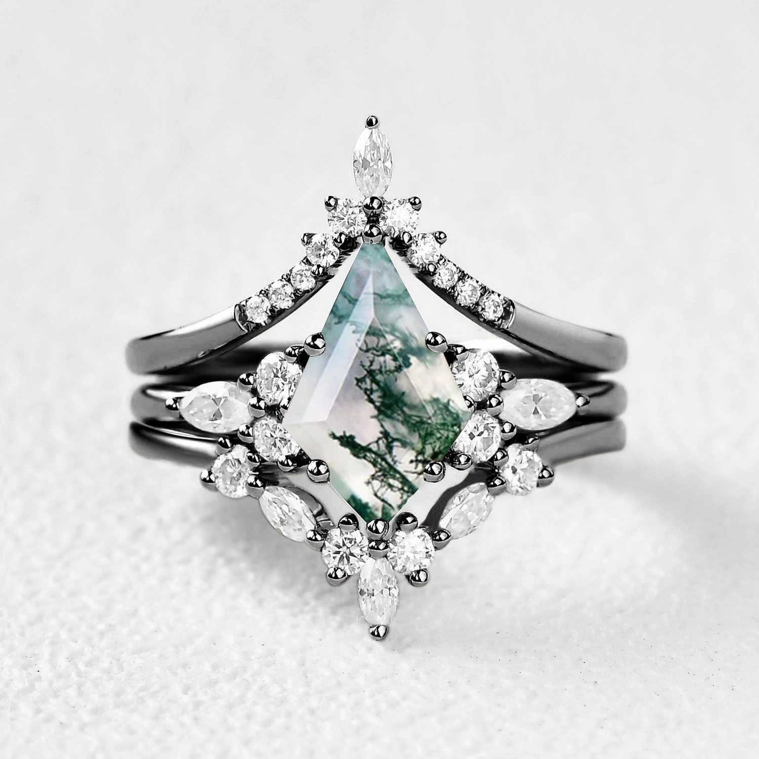 Fresh Spark Black Gold Unique Kite Cut Moss Agate Ring Set 3pcs - Kinsley