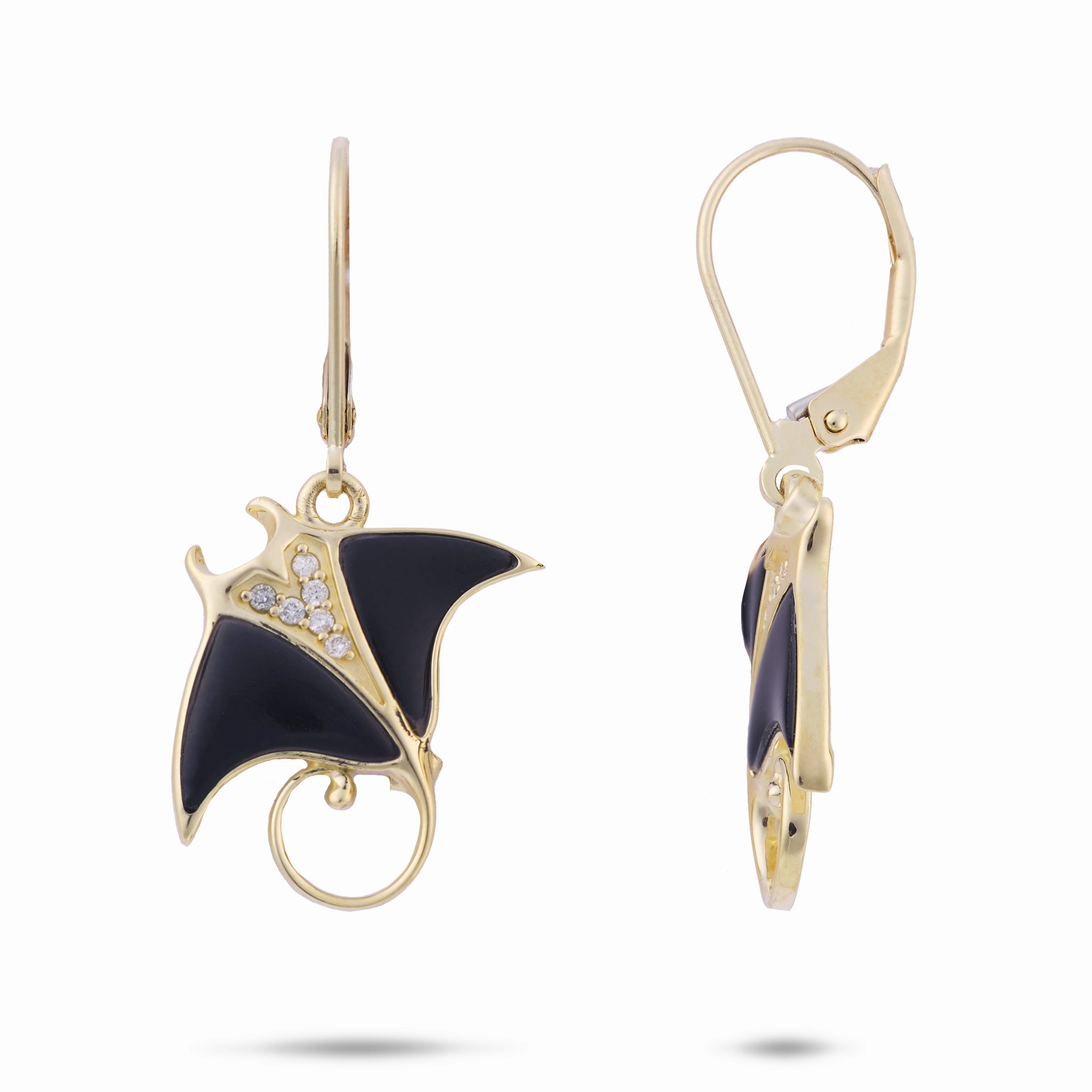 Sealife Manta Ray Black Coral Earrings in Gold with Diamonds - 20mm Everyday Shine Glamorous Finish