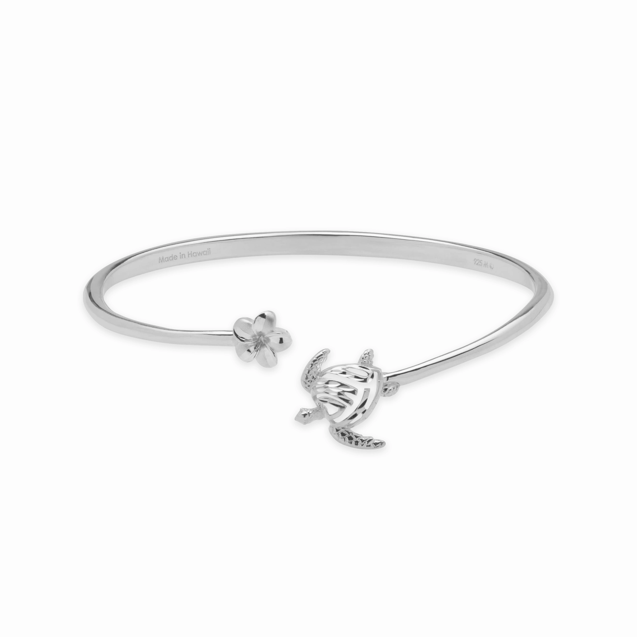 Honu and Plumeria Bracelet in Sterling Silver Lustrous Detail