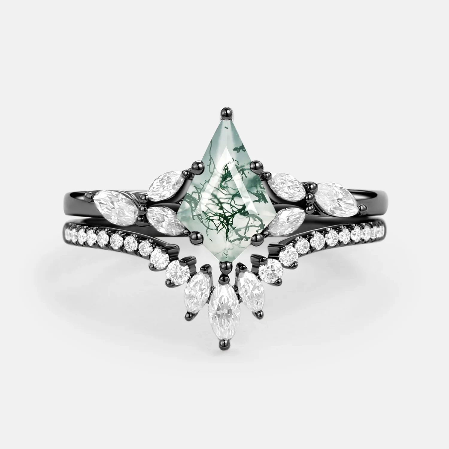 Kite Cut Moss Agate Black Gold Engagement Ring Set 2pcs - July High-End Gift Delicate Article