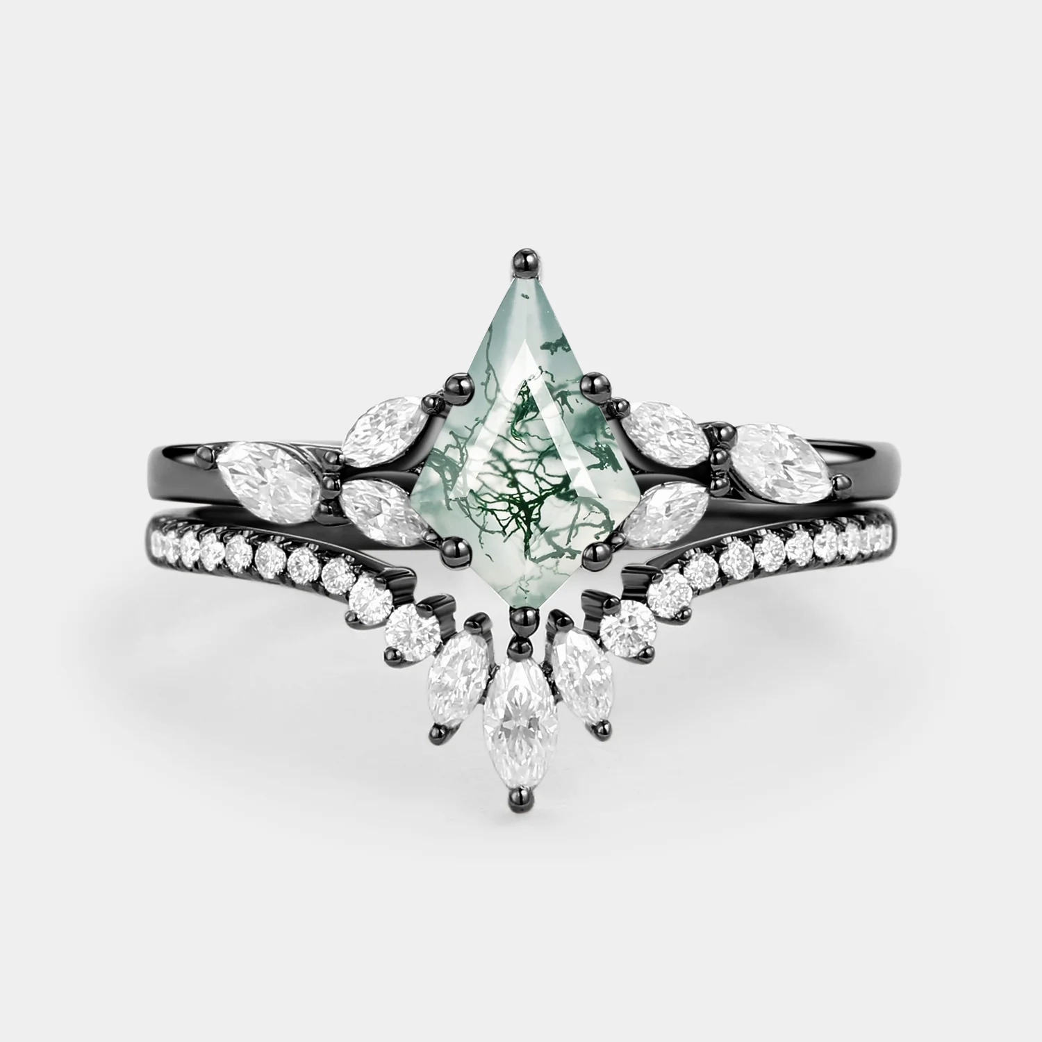 Minimal Mood Kite Cut Moss Agate Black Gold Engagement Ring Set 2pcs - July