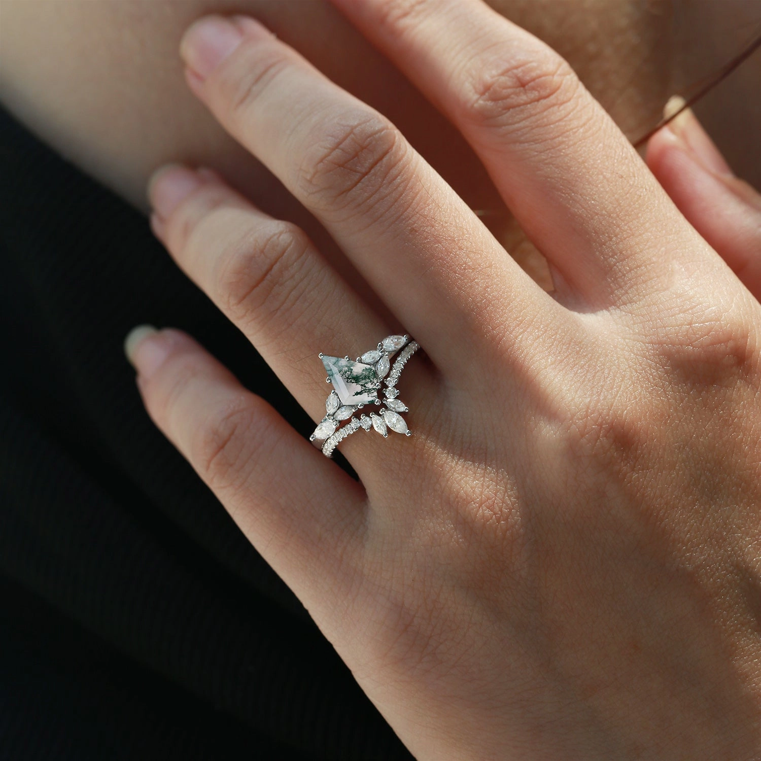 Timeless Simplicity Kite Cut Moss Agate Black Gold Engagement Ring Set 2pcs - July