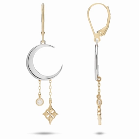Graceful Flow Unique Shine Hawaiian Quilted Star and Moon Earrings in Two Tone Gold with Diamonds - 35mm