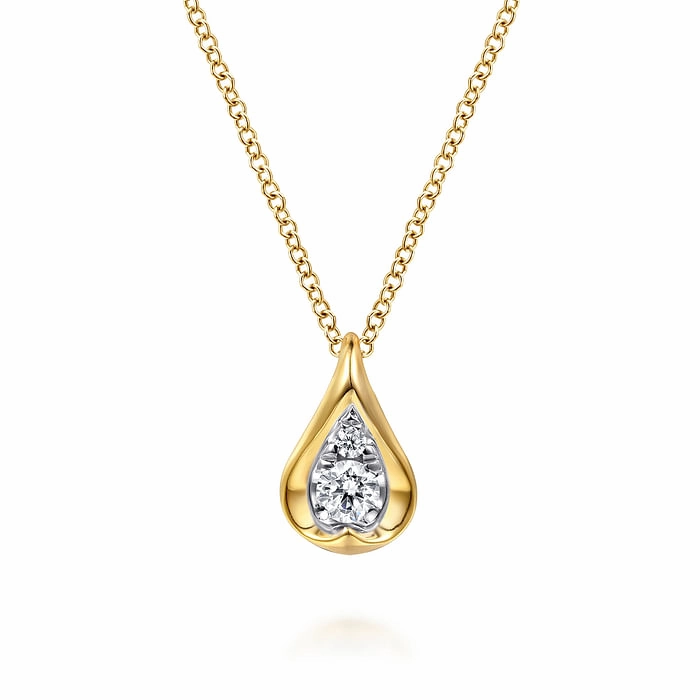 Camera Focus 14K White and Yellow Gold Diamond Teardrop Pendant Necklace