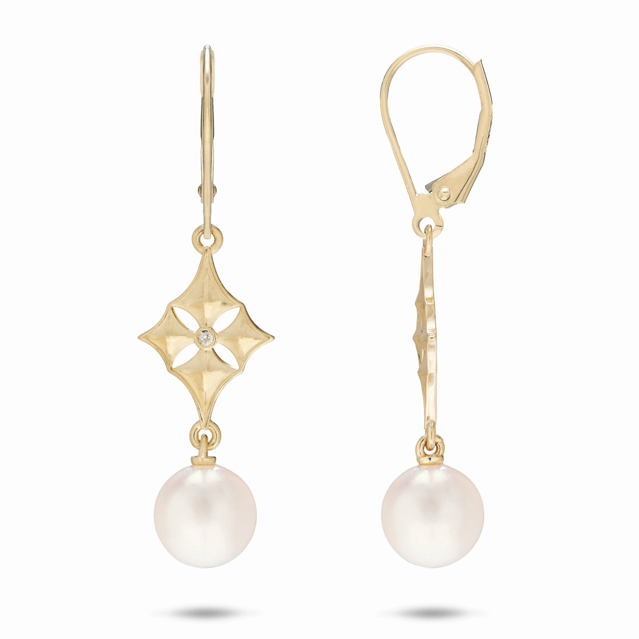 Hawaiian Quilted Star Akoya White Pearl Earrings in Gold - 8mm Handcrafted Shine All Day Wear