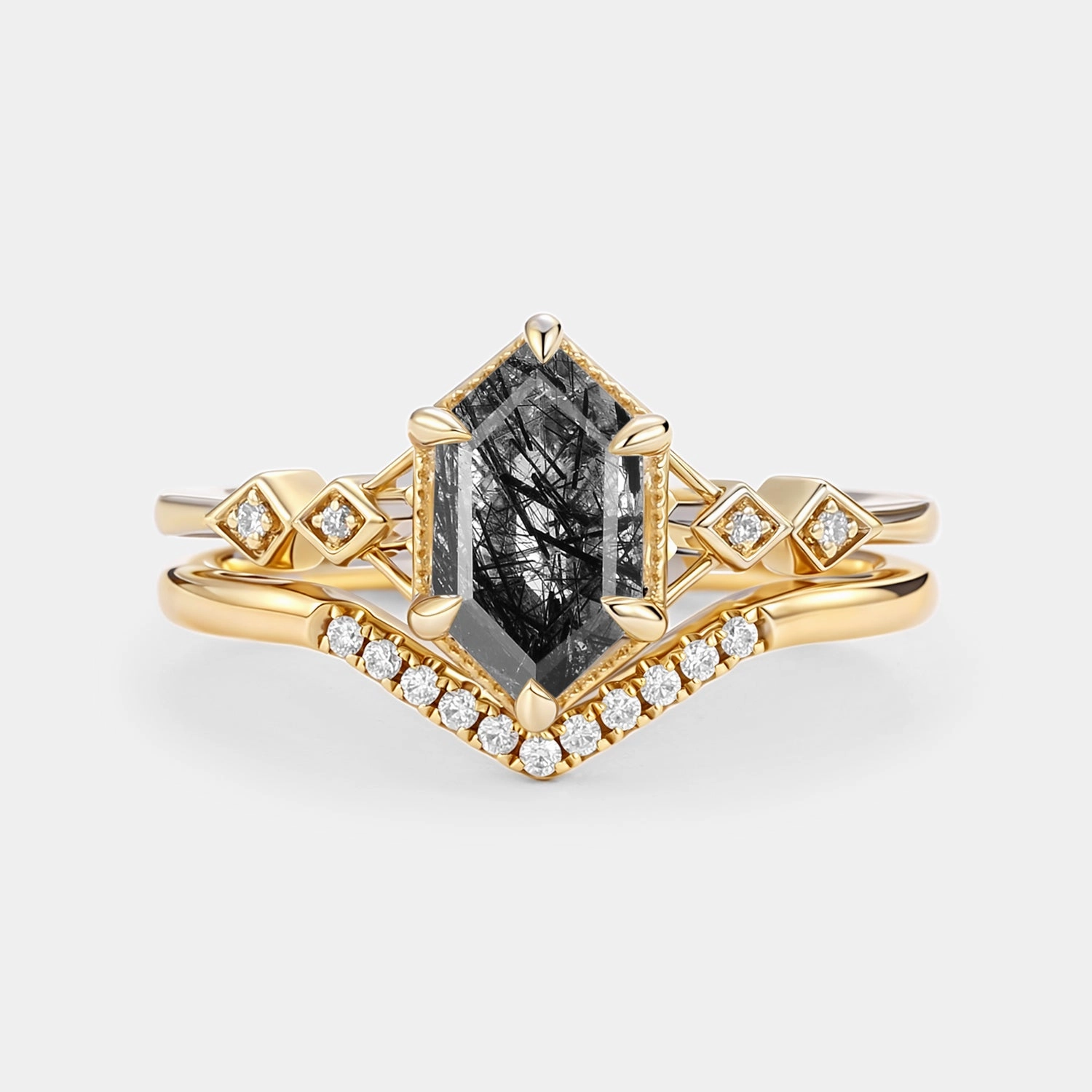 Black Rutilated Quartz Cluster Elongated Hexagon Engagement Ring Set 2pcs - Druk Festive Outfit