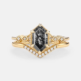 Versatile Charm Black Rutilated Quartz Cluster Elongated Hexagon Engagement Ring Set 2pcs - Druk