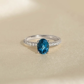 Oval London Blue Topaz and Diamond Ring White Gold - Minette Impeccable Highlight