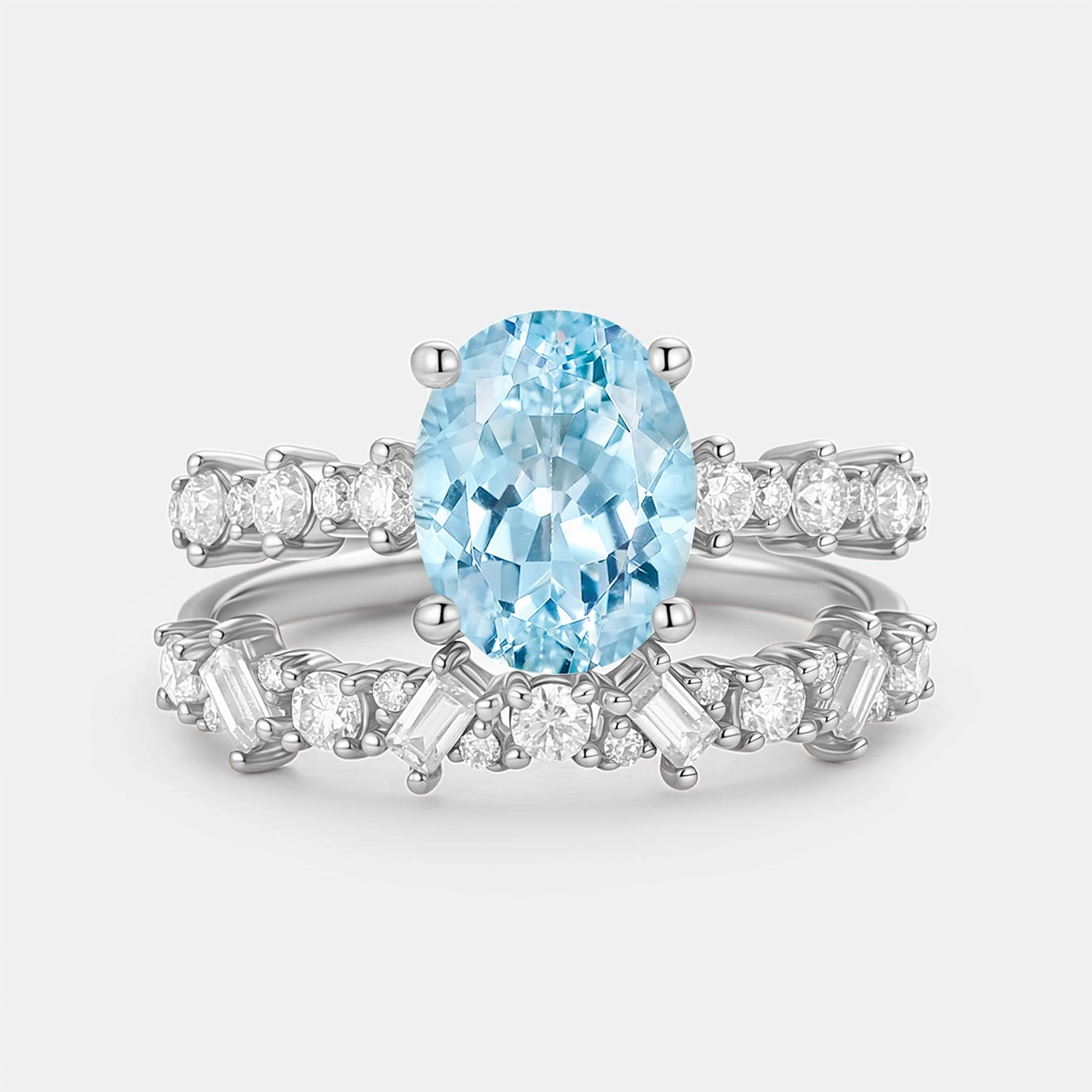 Soft Light Oval Cut Aquamarine Classic Cluster Ring Set 2pcs