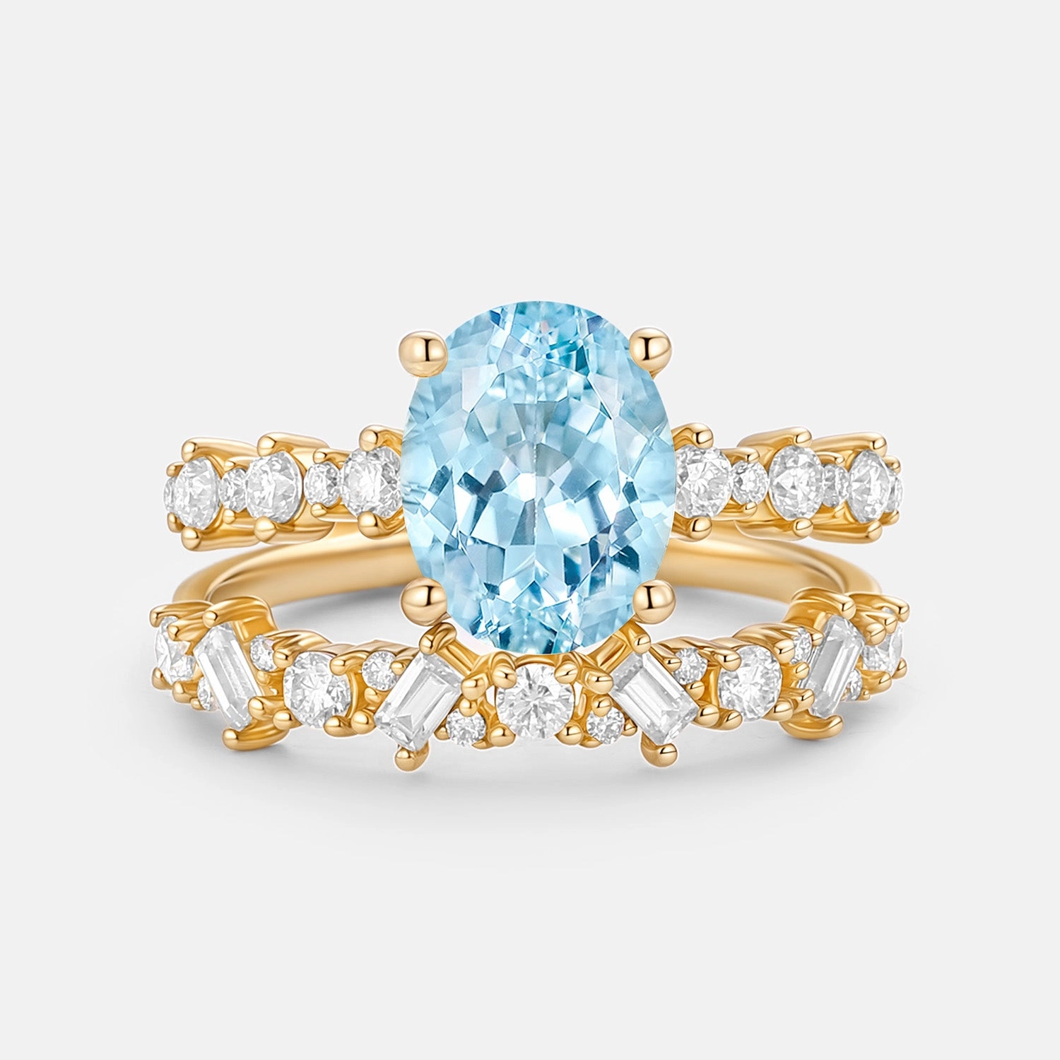Oval Cut Aquamarine Classic Cluster Ring Set 2pcs Trendy Piece