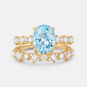 Oval Cut Aquamarine Classic Cluster Ring Set 2pcs Trendy Piece