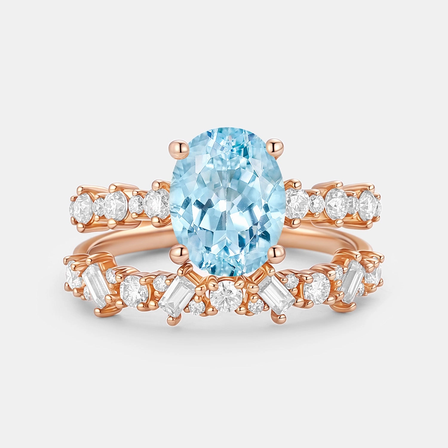 Timeless Fashion Oval Cut Aquamarine Classic Cluster Ring Set 2pcs